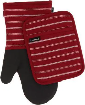 Cuisinart Neoprene Oven Mitts and Potholder Set-Heat Resistant Oven Gloves to Protect Hands and Surfaces with Non-Slip Grip, Hanging Loop-Ideal for Handling Hot Cookware Items, Twill Stripe Red Dahlia Cuisinart Neoprene Oven Mitts and Potholder Set-Heat Resistant Oven Gloves to Protect Hands and Surfaces with Non-Slip Grip, Hanging Loop-Ideal for Handling Hot Cookware Items, Twill Stripe Red Dahlia