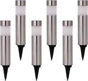 Solar Bollard Lights Outdoor - 6 Pack Stainless Steel Warm White LED Landscape Lights Waterproof Decorative Lighting for Backyard Lawn Patio