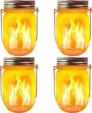 Solar Mason Jar Flicker Lights Upgraded, 4 Pack Flickering Torches Lights Outdoor Hanging Lanterns Landscape Decoration Lighting Dusk to Dawn Auto On/Off Security Halloween Torch Lights