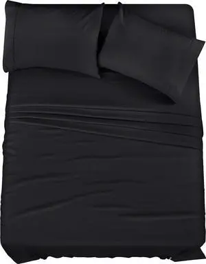 King Sheet Set  4 Piece Bed Sheets for King Size Bed Soft and Breathable Microfiber Includes 1 Fitted Sheet 1 Flat Sheet and 2 Pillowcases (Black)