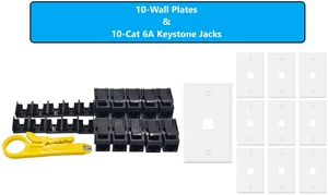 MICRO CONNECTORS 10-Pack 1-Gang White Keystone Plastic Wall Plate 1-Port and 10 Cat 6A RJ45 Keystone Jacks Black (FRT-1P860B-10) MICRO CONNECTORS 10-Pack 1-Gang White Keystone Plastic Wall Plate 1-Port and 10 Cat 6A RJ45 Keystone Jacks Black (FRT-1P860B-10)