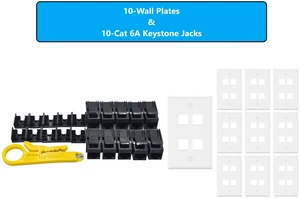 MICRO CONNECTORS 10-Pack 1-Gang White Keystone Plastic Wall Plate 4-Port and 10 Cat 6A RJ45 Keystone Jacks Black (FRT-4P860B-10) MICRO CONNECTORS 10-Pack 1-Gang White Keystone Plastic Wall Plate 4-Port and 10 Cat 6A RJ45 Keystone Jacks Black (FRT-4P860B-10)