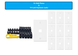 MICRO CONNECTORS 10-Pack 1-Gang White Keystone Plastic Wall Plate 1-Port and 10 Cat 6 RJ45 Keystone Jacks Black (FRT-1P840B-10) MICRO CONNECTORS 10-Pack 1-Gang White Keystone Plastic Wall Plate 1-Port and 10 Cat 6 RJ45 Keystone Jacks Black (FRT-1P840B-10)