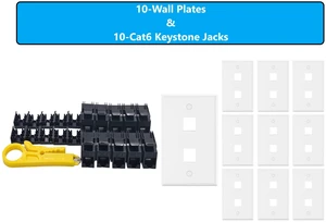 MICRO CONNECTORS 10-Pack 1-Gang White Keystone Plastic Wall Plate 2-Port and 10 Cat 6 RJ45 Keystone Jacks Black (FRT-2P840B-10) MICRO CONNECTORS 10-Pack 1-Gang White Keystone Plastic Wall Plate 2-Port and 10 Cat 6 RJ45 Keystone Jacks Black (FRT-2P840B-10)