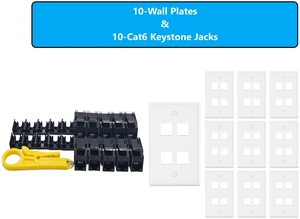 MICRO CONNECTORS 10-Pack 1-Gang White Keystone Plastic Wall Plate 4-Port and 10 Cat 6 RJ45 Keystone Jacks Black (FRT-4P840B-10) MICRO CONNECTORS 10-Pack 1-Gang White Keystone Plastic Wall Plate 4-Port and 10 Cat 6 RJ45 Keystone Jacks Black (FRT-4P840B-10)