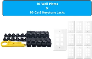 MICRO CONNECTORS 10-Pack 1-Gang White Keystone Plastic Wall Plate 6-Port and 10 Cat 6 RJ45 Keystone Jacks Black (FRT-6P840B-10) MICRO CONNECTORS 10-Pack 1-Gang White Keystone Plastic Wall Plate 6-Port and 10 Cat 6 RJ45 Keystone Jacks Black (FRT-6P840B-10)