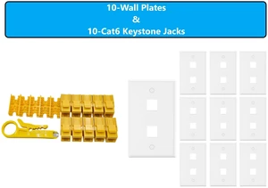 MICRO CONNECTORS 10-Pack 1-Gang White Keystone Plastic Wall Plate 2-Port and 10 Cat 6 RJ45 Keystone Jacks Yellow (FRT-2P840Y-10) MICRO CONNECTORS 10-Pack 1-Gang White Keystone Plastic Wall Plate 2-Port and 10 Cat 6 RJ45 Keystone Jacks Yellow (FRT-2P840Y-10)