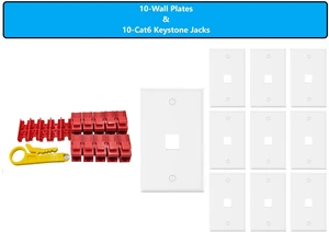 MICRO CONNECTORS 10-Pack 1-Gang White Keystone Plastic Wall Plate 1-Port and 10 Cat 6 RJ45 Keystone Jacks Red (FRT-1P840R-10) MICRO CONNECTORS 10-Pack 1-Gang White Keystone Plastic Wall Plate 1-Port and 10 Cat 6 RJ45 Keystone Jacks Red (FRT-1P840R-10)