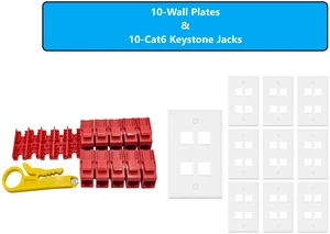 MICRO CONNECTORS 10-Pack 1-Gang White Keystone Plastic Wall Plate 4-Port and 10 Cat 6 RJ45 Keystone Jacks Red (FRT-4P840R-10) MICRO CONNECTORS 10-Pack 1-Gang White Keystone Plastic Wall Plate 4-Port and 10 Cat 6 RJ45 Keystone Jacks Red (FRT-4P840R-10)