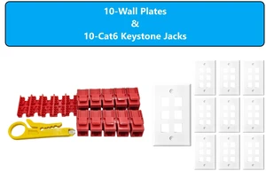 MICRO CONNECTORS 10-Pack 1-Gang White Keystone Plastic Wall Plate 6-Port and 10 Cat 6 RJ45 Keystone Jacks Red (FRT-6P840R-10) MICRO CONNECTORS 10-Pack 1-Gang White Keystone Plastic Wall Plate 6-Port and 10 Cat 6 RJ45 Keystone Jacks Red (FRT-6P840R-10)