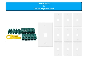 MICRO CONNECTORS 10-Pack 1-Gang White Keystone Plastic Wall Plate 1-Port and 10 Cat 6 RJ45 Keystone Jacks Green (FRT-1P840G-10) MICRO CONNECTORS 10-Pack 1-Gang White Keystone Plastic Wall Plate 1-Port and 10 Cat 6 RJ45 Keystone Jacks Green (FRT-1P840G-10)