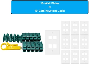 MICRO CONNECTORS 10-Pack 1-Gang White Keystone Plastic Wall Plate 4-Port and 10 Cat 6 RJ45 Keystone Jacks Green (FRT-4P840G-10) MICRO CONNECTORS 10-Pack 1-Gang White Keystone Plastic Wall Plate 4-Port and 10 Cat 6 RJ45 Keystone Jacks Green (FRT-4P840G-10)