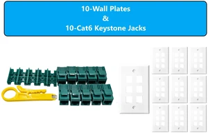 MICRO CONNECTORS 10-Pack 1-Gang White Keystone Plastic Wall Plate 6-Port and 10 Cat 6 RJ45 Keystone Jacks Green (FRT-6P840G-10) MICRO CONNECTORS 10-Pack 1-Gang White Keystone Plastic Wall Plate 6-Port and 10 Cat 6 RJ45 Keystone Jacks Green (FRT-6P840G-10)