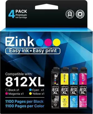 E-Z Ink 812XL New Upgraded Chips 812XL Ink Cartridges High Yield Remanufactured Replacement for Epson 812 XL T812XL Ink to use with WF-7310 WF-7820 Pro WF-7840 EC-C7000 Printer, 4 Pack