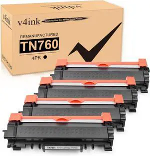 v4ink 4PK Compatible TN760 Toner Replacement for Brother TN760 TN-760 TN730 TN770 Toner Cartridge for Brother HL-L2350DW HL-L2390DW HL-L2395DW HL-L2370DW MFC-L2710DW MFC-L2750DW DCP-L2550DW Printer