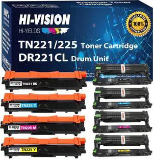8-Pack (Toner & Drum) HI-Vision Compatible TN221 TN225 Toner Cartridge Plus DR221CL DR221 Drum Unit Replacement for TN-221 TN-225 DR-221 DR-221CL HL-3140cw HL-3180CD MFC-9330cdw DCP-9020CDN Printer