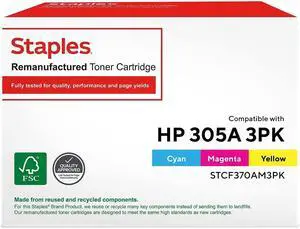 Staples Remanufactured Toner Cartridge Replacement for HP 305A (Cyan Magenta Yellow)