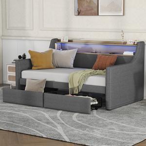 MARSCAT Twin Size Daybed with Storage Drawers, Upholstered Daybed with Charging Station and LED Lights, Gray