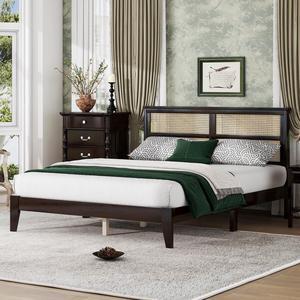 MARSCAT Queen Size Rubber Wooden, Solid Wooden Bed Frame with Rattan Headboard, Enhanced by Support Feet, Espresso