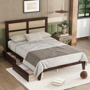 MARSCAT Full Size Bed Frame with Rattan Headboard, Two Storage Drawers, Rubber Wood Bed with Enhanced Support Salts and Feet,Espresso