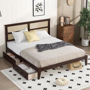 MARSCAT King Size Bed Frame with Rattan Headboard, Two Storage Drawers, Rubber Wood Bed with Enhanced Support Salts and Feet, Espresso