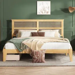 MARSCAT King Size Bed Frame with Rattan Headboard, Two Storage Drawers, Rubber Wood Bed with Enhanced Support Salts and Feet, Oak