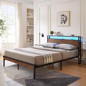 MARSCAT Bed Frame with Storage Headboard/USB Charging Station, Metal Platform Bed Frame Full Size No Box Spring Needed, Noise-Free, Strong Steel Slats Support, Rustic Brown