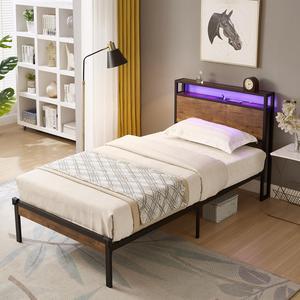 MARSCAT Twin Size Metal Platform Bed Frame with Wooden Headboard and Footboard with USB LINER, LED Lights ,No Box Spring Needed, Large Under Bed Storage, Easy Assemble