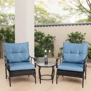 MARSCAT 3 Pieces Patio Set Outdoor Wicker Furniture Sets Modern Rattan Chair Conversation Sets with Coffee Table, Blue