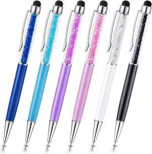 Stylus Pens 6Pcs Crystal 2 in 1 Slim Capacitive Stylus &Ballpoint Pen for Touch Screens Phones and Tablets Sky Blue pink Purple Royal Blue Black White