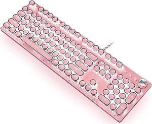 CC MALL Gaming Keyboard,Retro Punk Typewriter-Style, Blue Switches, White Backlight, USB Wired, for PC Laptop Desktop, Stylish Pink Mechanical Keyboard (Round Keycaps)