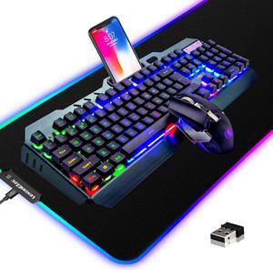 Wireless Gaming Keyboard and Mouse Combo,3 in 1 Rainbow LED Rechargeable Keyboard Mouse with 3800mAh Battery Metal Panel,10 Colors RGB Gaming Mouse Pad (32.5x12x0.15 inch),7 Colors Mute Gaming Mouse