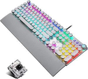 Retro Steampunk Gaming Mechanical Keyboard Metal Panel Black Switches LED Backlit USB Wired Hand Rest Typewriter-Style Round Keycaps for Game and Office for Computer Laptop Desktop PC(2088-White)