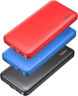 3-Pack Miady 10000mAh Dual USB Portable Charger, Fast Charging Power Bank with USB C Input, Backup Charger for iPhone X, Galaxy S9, Pixel 3 and etc (Red, Blue & Black)