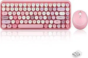 Perixx PERIDUO-713 Wireless Mini Keyboard and Mouse Combo Retro Round Key Caps Pastel Pink US English Layout