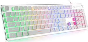 LANGTU Membrane Gaming Keyboard, Rainbow LED Backlit Quiet Keyboard for Office, USB Wired All-Metal Panel 25 Keys Anti-ghosting Computer Keyboard 104 Keys - L1 White/Silver