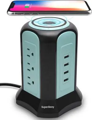 SUPERDANNY 10ft Power Strip Tower Wireless Charger Surge Protector Extension Cord 10A 9-Outlet 4 USB 4.5A Fast Speed Charging Electrical Station Universal Socket for Laptop Phone Black and Blue