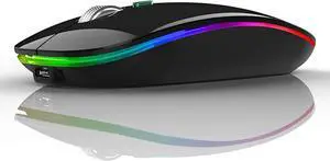 LED Wireless Mouse Uiosmuph G12 Slim Rechargeable Wireless Silent Mouse 2.4G Portable USB Optical Wireless Computer Mice with USB Receiver and Type C Adapter (Black)