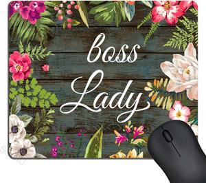 SSOIU Unique Custom Print Rectangle Mouse Pad, Vintage Hand Drawn Floral Wreath Rustic Old Wood Grain Mousepad, Boss Lady Funny Quotes Mat