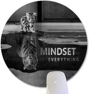 Mindset is Everything Inspirational Quote Round Mouse Pad Cute Cat Stared at Its Reflection Tiger Funny Mouse Pads Motivational Circular Mat