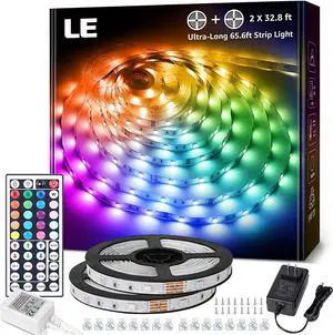 LE 65.6ft LED Strip Lights Ultra-Long RGB 5050 LED Strips with Remote Controller and Fixing Clips Color Changing Tape Light with 12V ETL Listed Adapter for Halloween Decorations(32.8FTX 2)