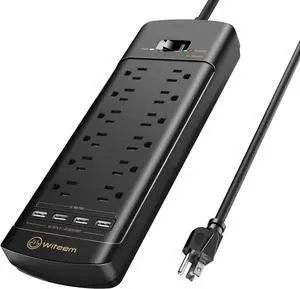 Surge Protector Power Strip - 12 Outlets,4 USB 6A Ports, 6Ft Extension Cord, 1875W/15A, 4360Joules, Overload Protection - Ideal for Home & Office Use (Black-USB6A)