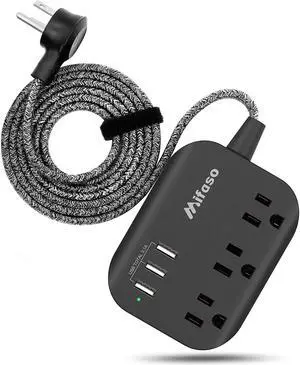 Power Strip with USB, Mountable Flat Plug Power Strip with 3 Outlets 3 USB Ports(Smart 3.1A), 5ft Braided Extension Cord, Compact for Cruise Ship, Travel, Home, Office