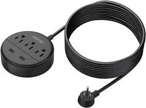 Long Extension Cord 15ft, NTONPOWER Flat Plug Power Strip Wall Mount with 3 Outlet 2 USB, ETL Listed, Desktop Charging Station for Home, Dorm Room, Office and Nightstand, Black