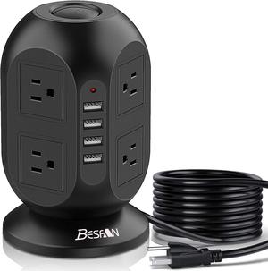 Tower Surge Protector Power Strip, BESFAN 10 Ft Extension Cord with Multiple Outlets, 1050J Surge Protector, 8 Outlets 4 USB Ports Charging Station for Home Office Supplies Desk Accessories