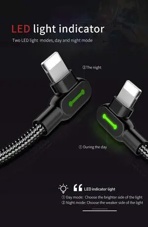 mcdodo USB 90 Degree Right Angle Elbow Design Game LEDCable Nylon Braided Sync ChargeDouble Size USB Data 6FT/1.8M Cable Compatible with iPhone 14/13/12/11 Pro Max (Black 6FT (iPhone))