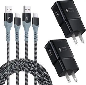 Adaptive Fast Charging Wall Charger Kit Set with USB C Cable 10ft USB Fast Charger Type C Charger Compatible with Samsung Galaxy S8/9+/10e Note 8/9 LG HTC (2chargers+2cables)-Black