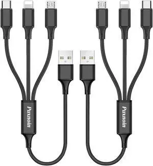Multi Charging Cable 2Pack Multi Charger Cable Short 1FT Braided Universal 3 in 1 Multiple USB Cable Charging Cord with Type-C Micro USB Port Connectors for Cell Phone Tablets