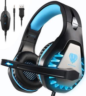 Headsets for Xbox One, PS4, PC, Nintendo Switch, Mac, Gaming Headset with Stereo Surround Sound, Over Ear Gaming Headphones with Noise Canceling Mic, LED Light(Headsets Black Blue)