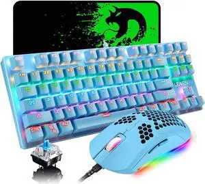 Wired Keyboard and Mouse Combo,87 Keys Compact Multicolour Backlit Keyboard and 6 RGB Lighting Gaming Mice 6400 DPI for Windows PC Gamers (Blue)